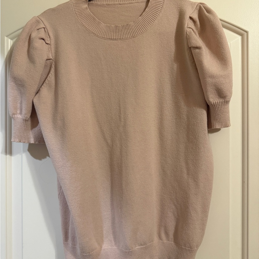 Puff Sleeve Crewneck Sweater in Beige